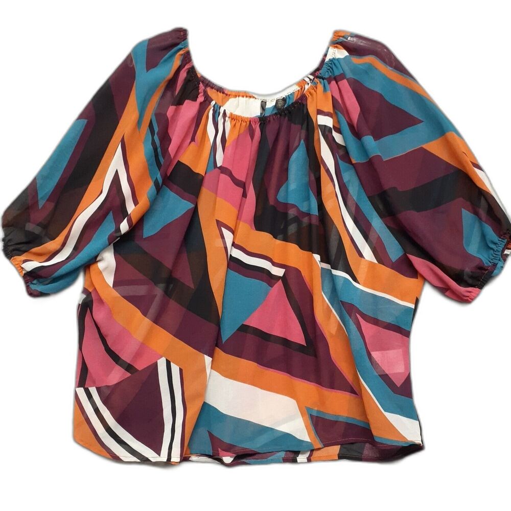 Skye's The Limit Women Sz 14 Sheer Multicolored Round Neck Blouse Short Sleeves